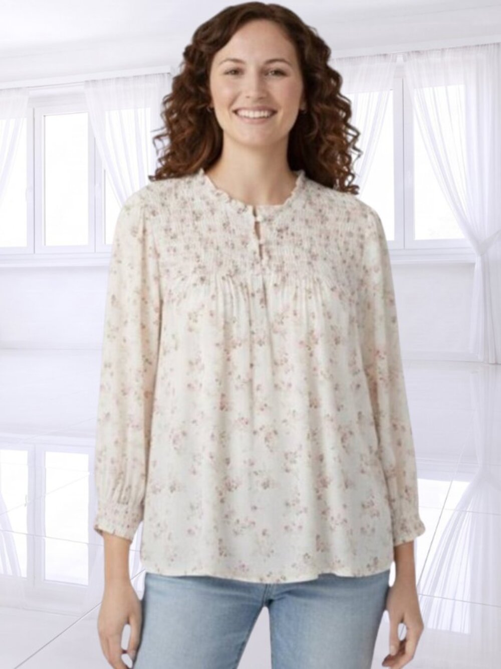 Cynthia Rowley Floral Smocked Blouse Size M Cottagecore Ruffle Neck